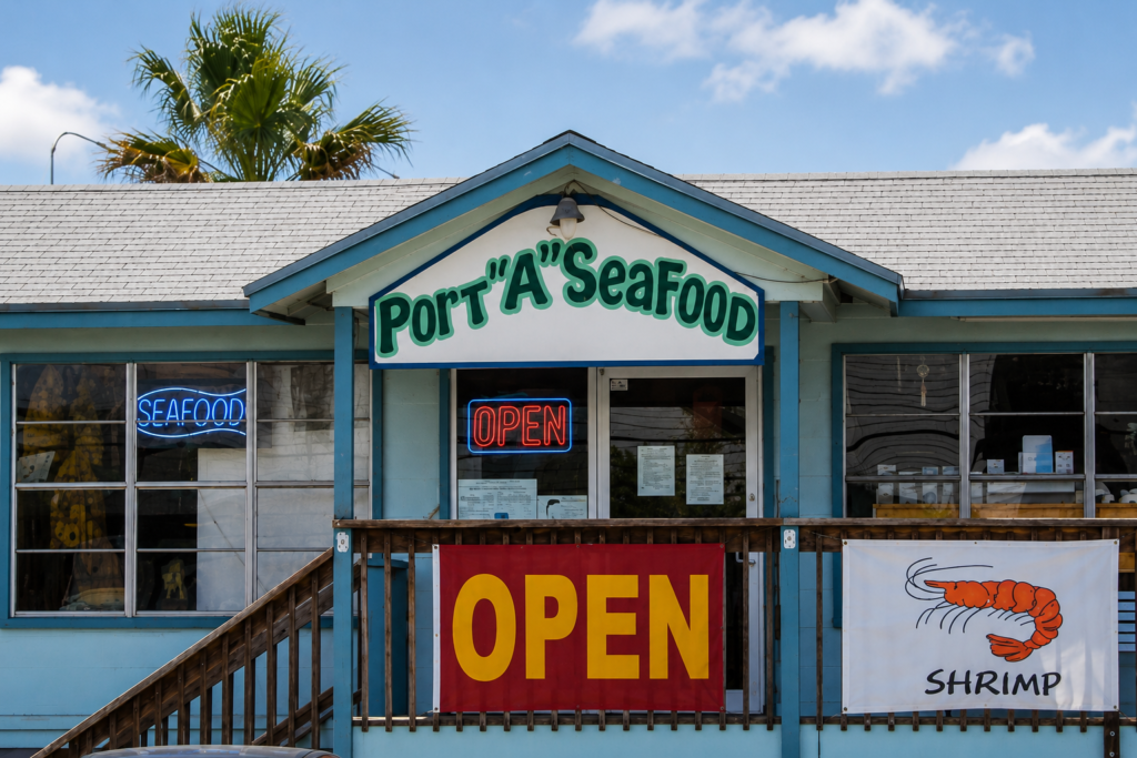 Exterior of the Port A Seafood family market in Port Aransas, Texas